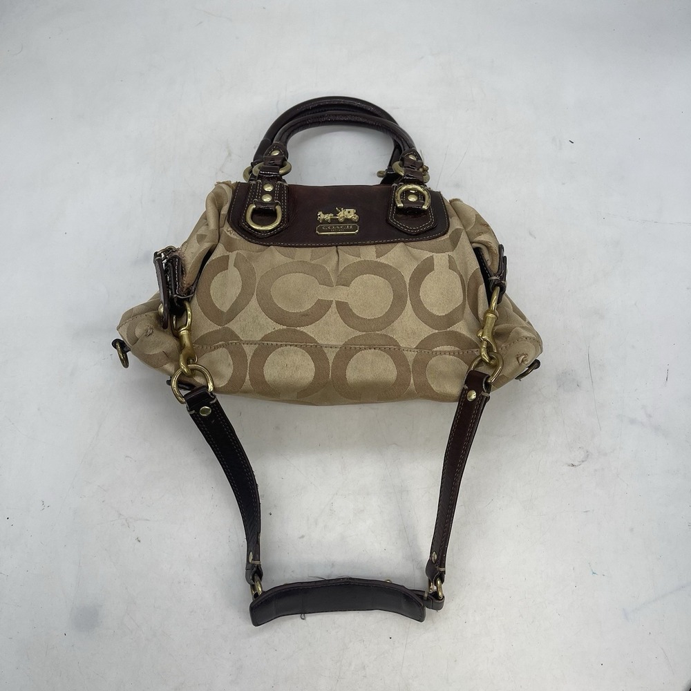 Coach Ashley Metallic Signature Carryall Logo Womens Brown Tan Leather Canvas